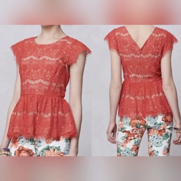Maeve Anthropologie Katrine Red Orange Peplum Lace Short Cap Sleeve Blouse Sz L - Picture 8 of 8